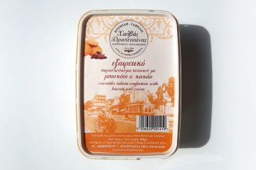 Packaging of Halvas Drapetsonas Tahini confection with Biscuit and Cocoa