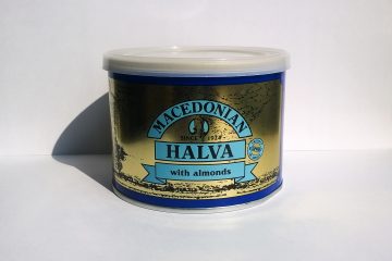 Can of Macedonian halva with almonds by Haitoglou Bros