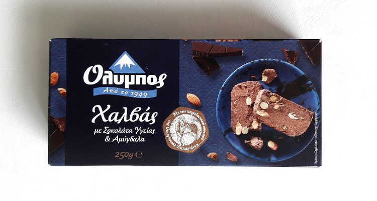 Packaging of Olympos Halva with Bitter Chocolate & Almonds
