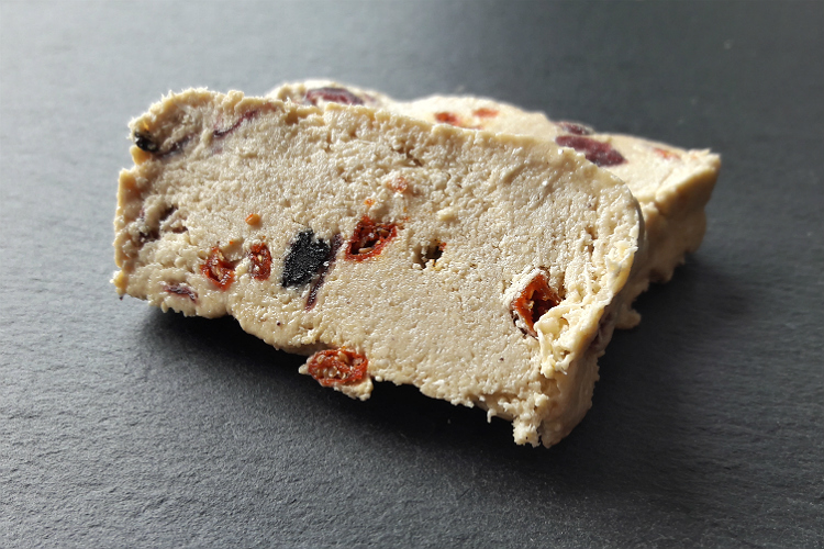 Two slices of Olympos Halva with Super Fruits by Papayianni Bros